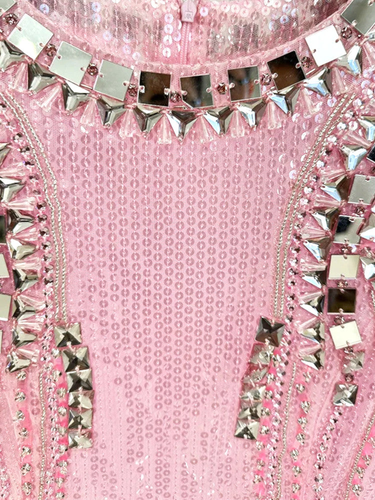 Long Sleeve Crystal Sequin Maxi Dress Pink