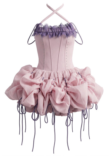 Halter Lace Bubble Dress Pink Purple