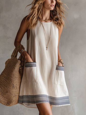 Fresh Cotton And Linen Striped Dress