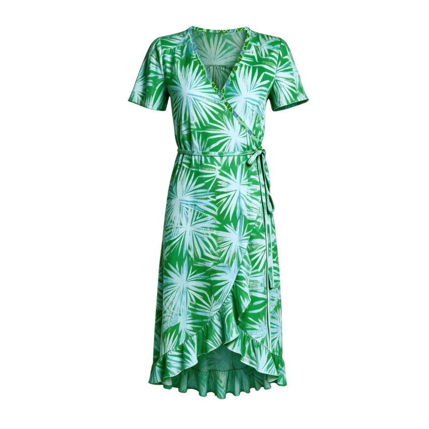 Green Palm Wrap Midi Dress