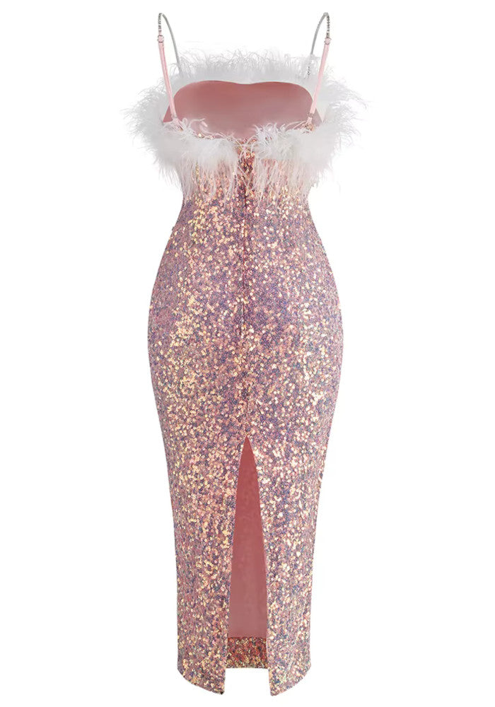 Feather Detail Sequin Midi Dress Pink