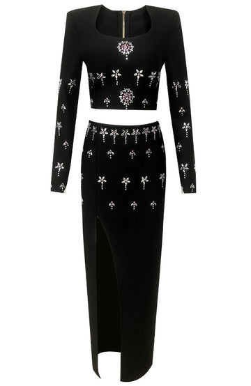 Long Sleeve Crystal Two Piece Maxi Dress Black
