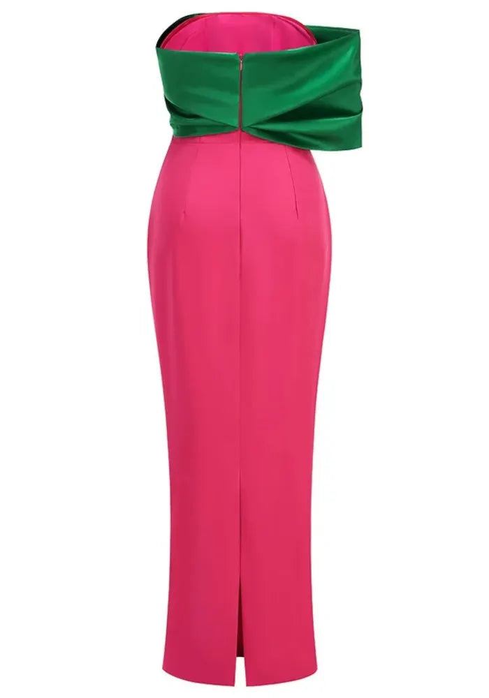Draped Bardot Maxi Dress Green Hot Pink