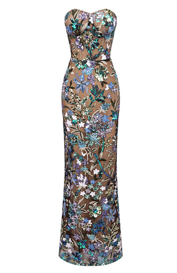 Strapless Sequin Floral Maxi Dress Green