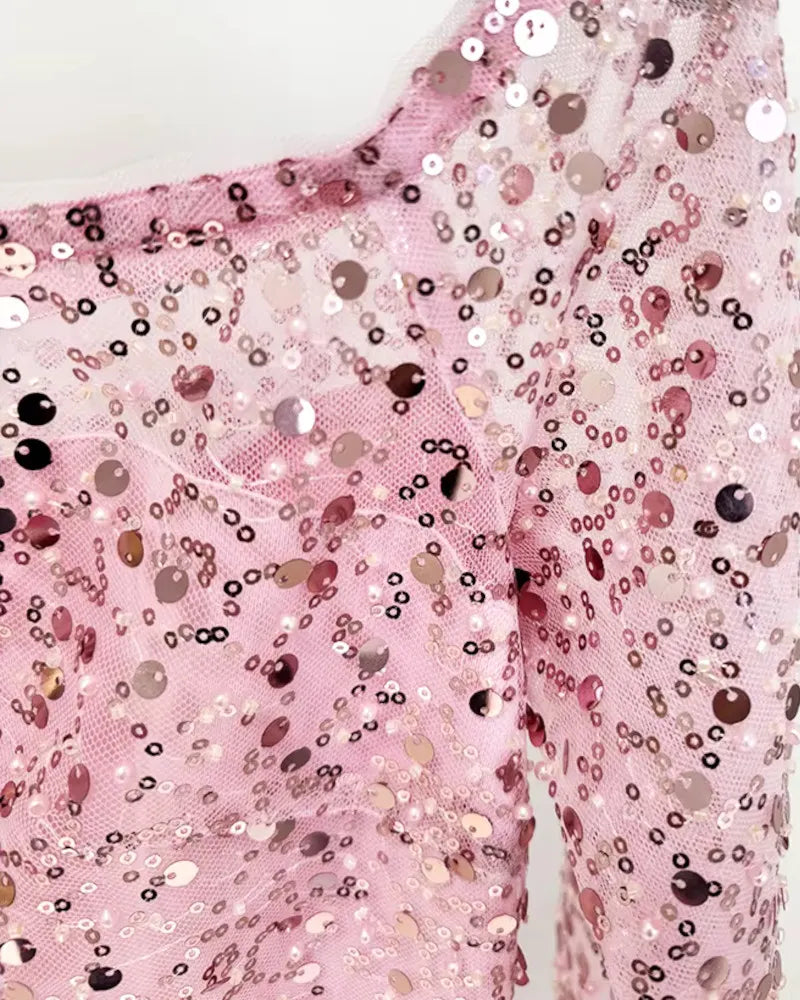 Sequin Bardot Maxi Dress Pink