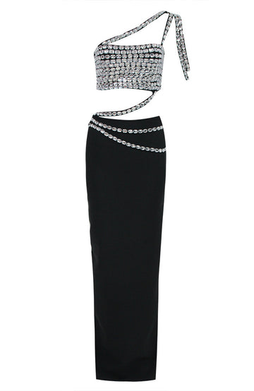 One Shoulder Crystal Trims Maxi Dress Black