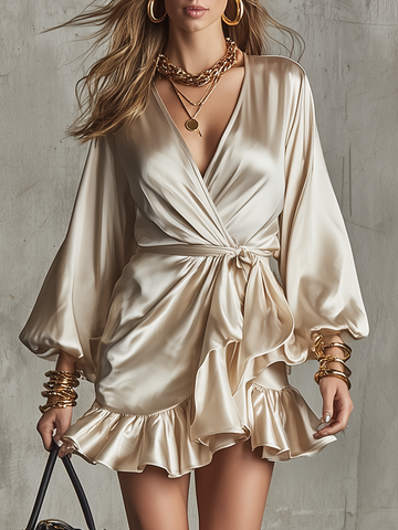 Lustrous Champagne Satin Wrap-Front Tie-Waist Ruffle Mini Dress