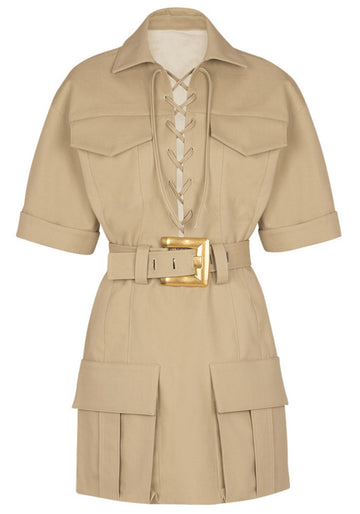 Short Sleeve Lace Up Detail Dress Camel