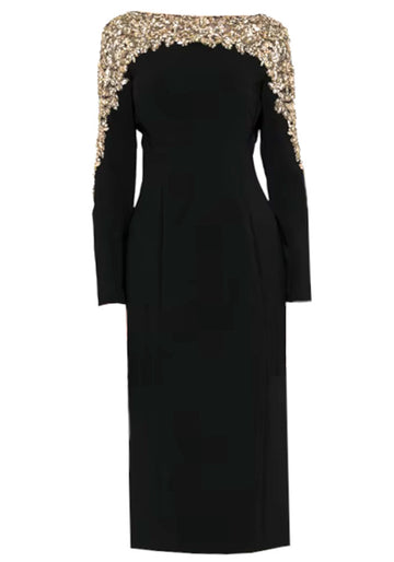 Long Sleeve Crystal Shoulder Midi Dress Black