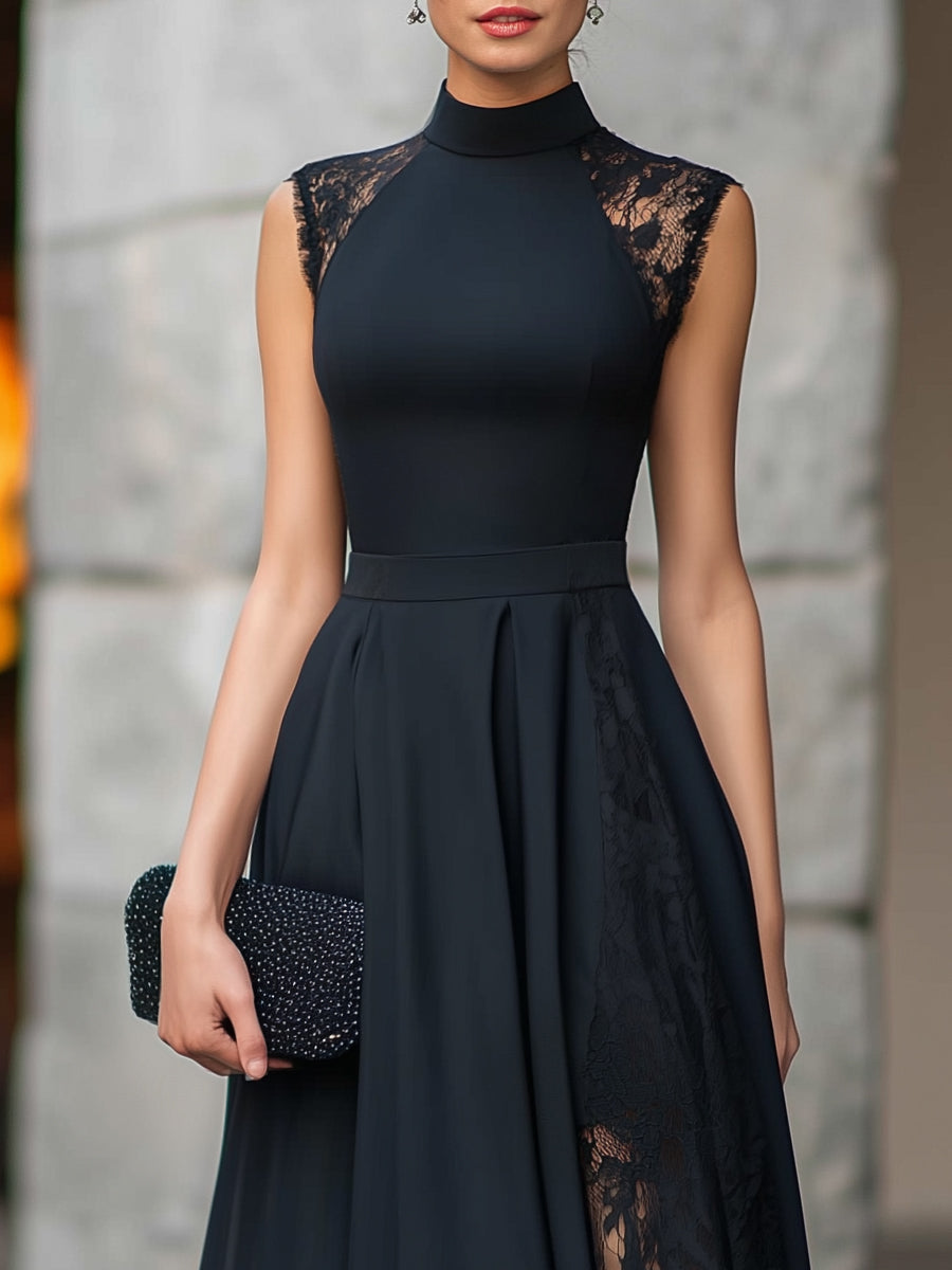 High Neck Lace Panel A-Line Maxi Dress
