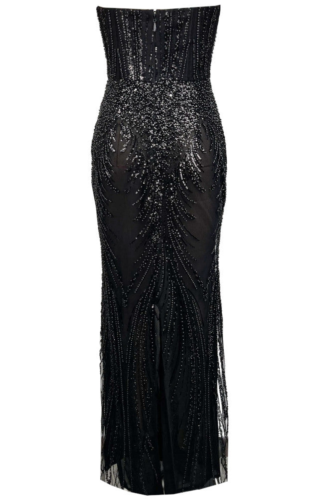 Strapless Draped Sequin Maxi Dress Black
