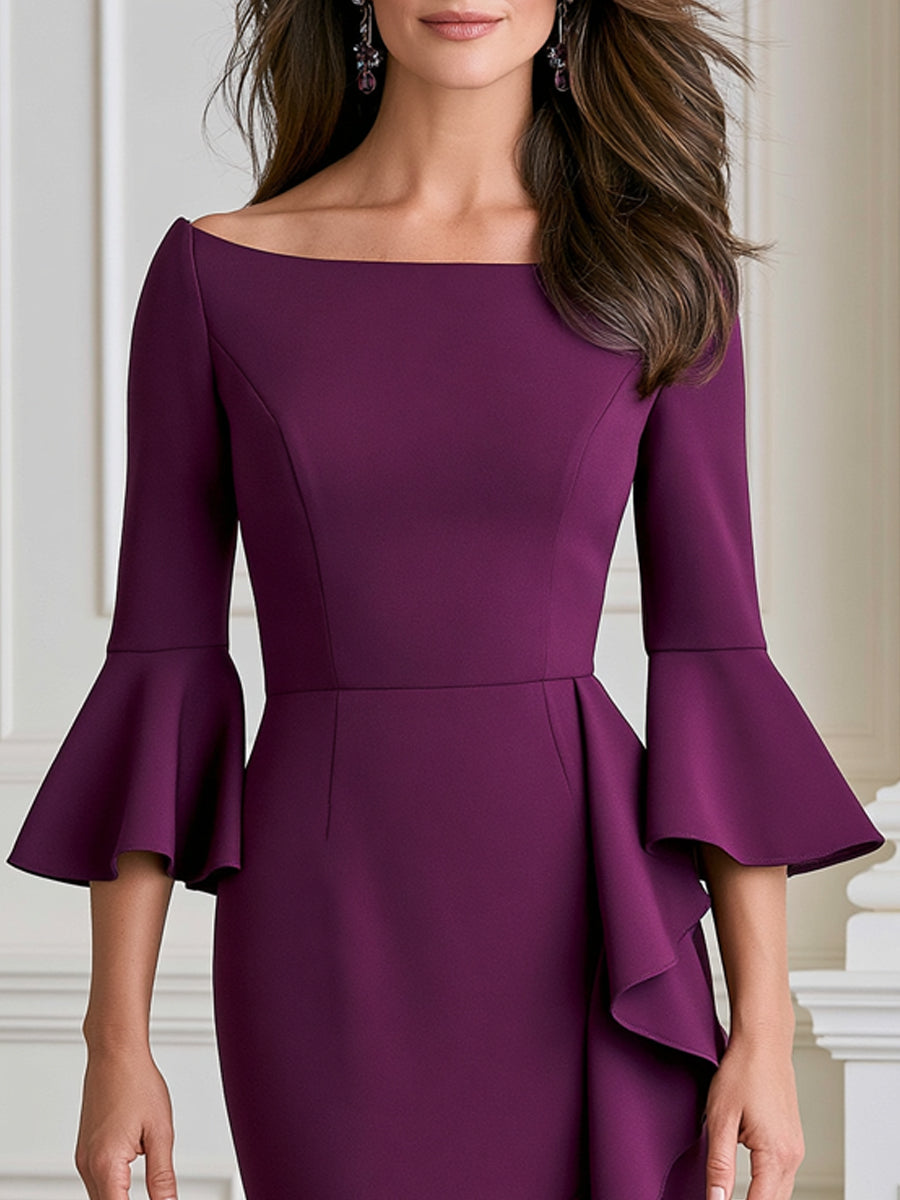 Bell Sleeve Asymmetrical Ruffle Formal Evening Gown