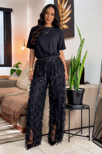 Black Sequin Fringe Flared Pants