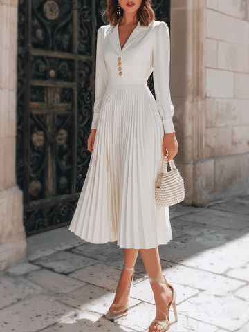 Elegant White Pleated Midi Dress