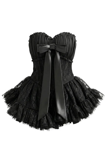 Strapless Draped Bustier Lace A Line Corset Dress Black