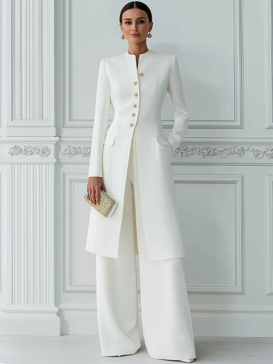 Stand Collar Gold Button Longline Blazer & Wide-Leg Pants Two-Piece Suit Set