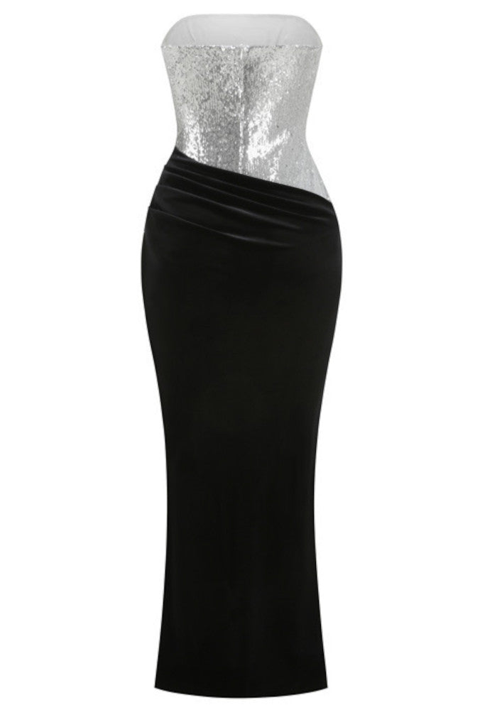 Strapless Sequin Velvet Maxi Dress Black Silver