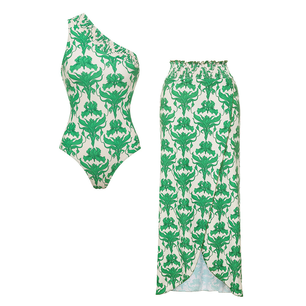 One Shoulder Shirring Iris Print One Piece Swimsuit and Skirt