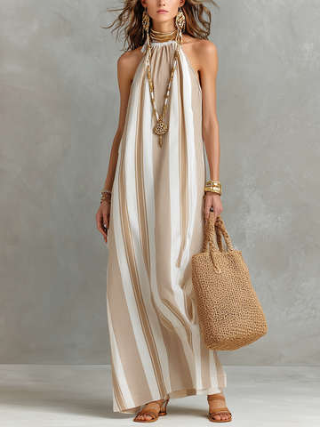 Sophisticated And Elegant Halter Neck Striped Maxi Dress