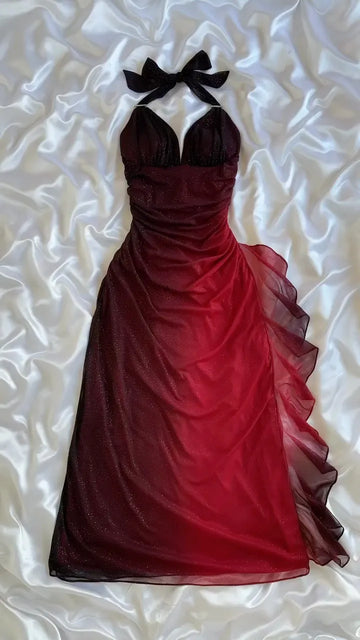 Ombre Glitter Halter Maxi Evening Dress
