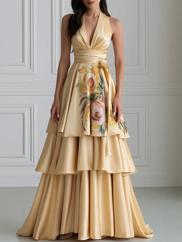 Floral Tiered Halter Satin Evening Gown
