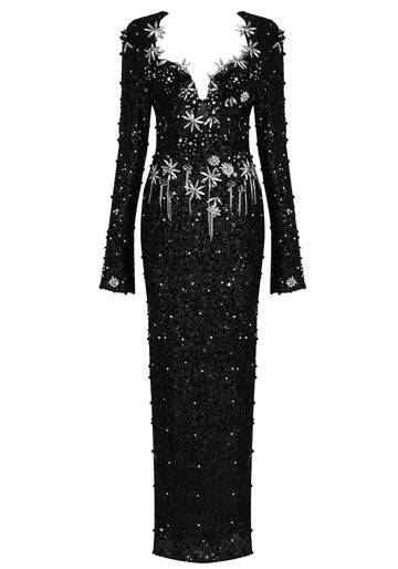 Long Sleeve Crystal Sequin Maxi Dress Black