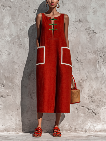 Women's Red Cotton-Linen Blend Sleeveless Midi Dress With Contrasting White Piping And Double Side Patch Pockets MDZ0318F7T