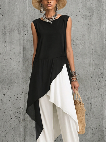 Women's Fashionable Black And White Color-Blocked Cotton Blend Chiffon Patchwork Sleeveless Long Top With Asymmetrical Hem MDZ2813D8GMJ