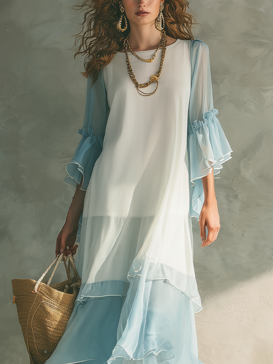 Fresh And Refreshing Light Blue Chiffon Layered Maxi Dress