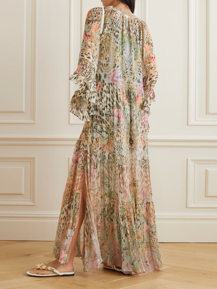 Romantic Tiered Chiffon Floral Maxi Dress