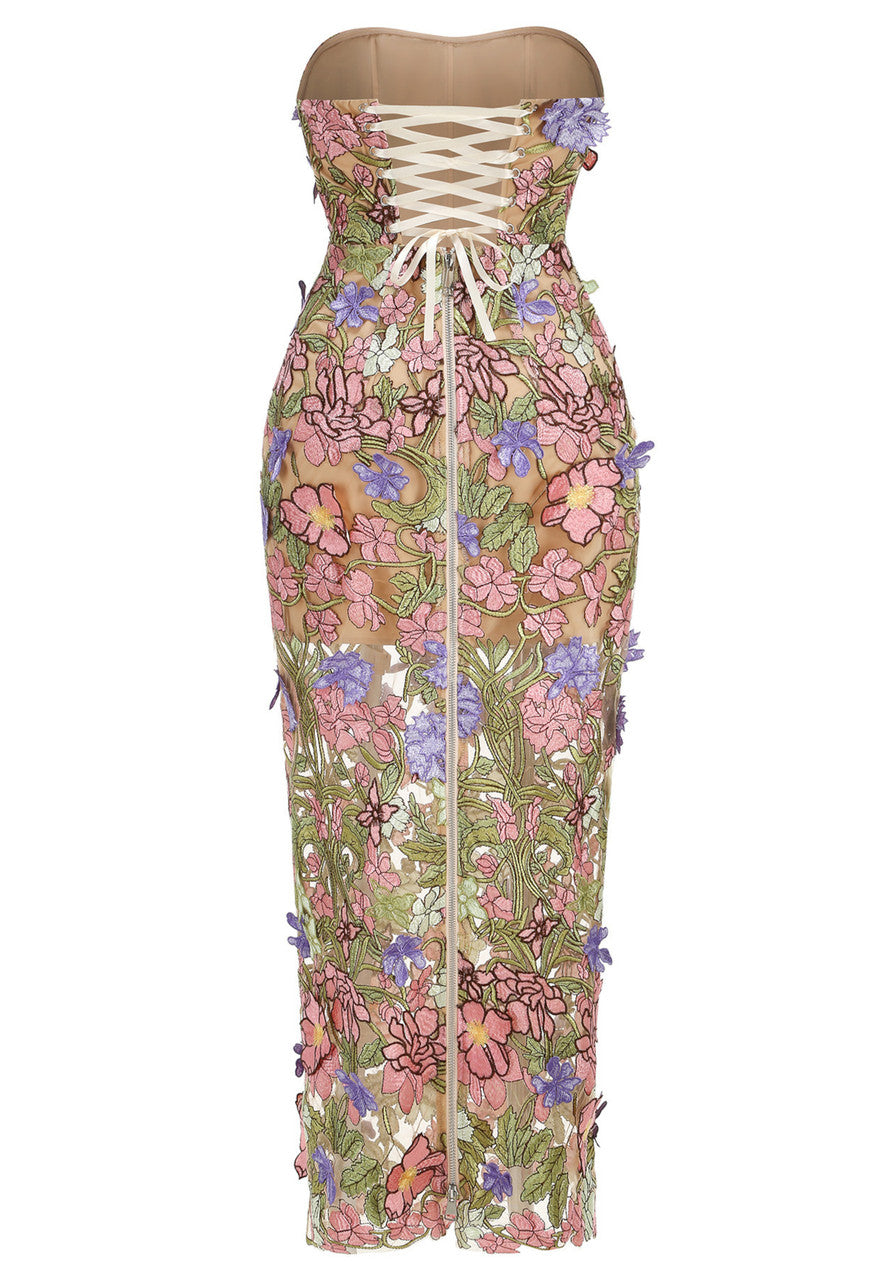Strapless Floral Corset Maxi Dress Pink Green