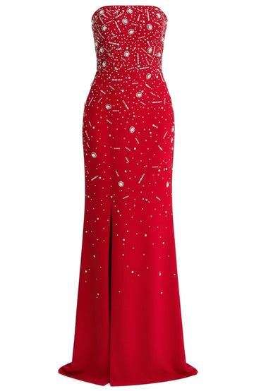 Strapless Crystal Embellished Maxi Dress Red