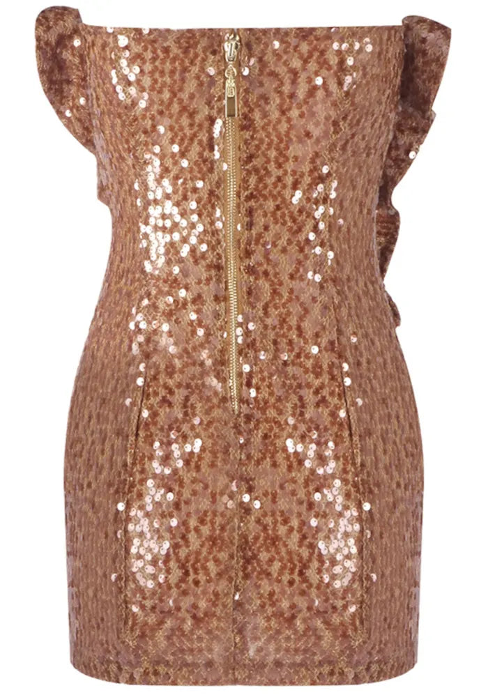 Strapless Sequin Floral Ruffle Dress Brown
