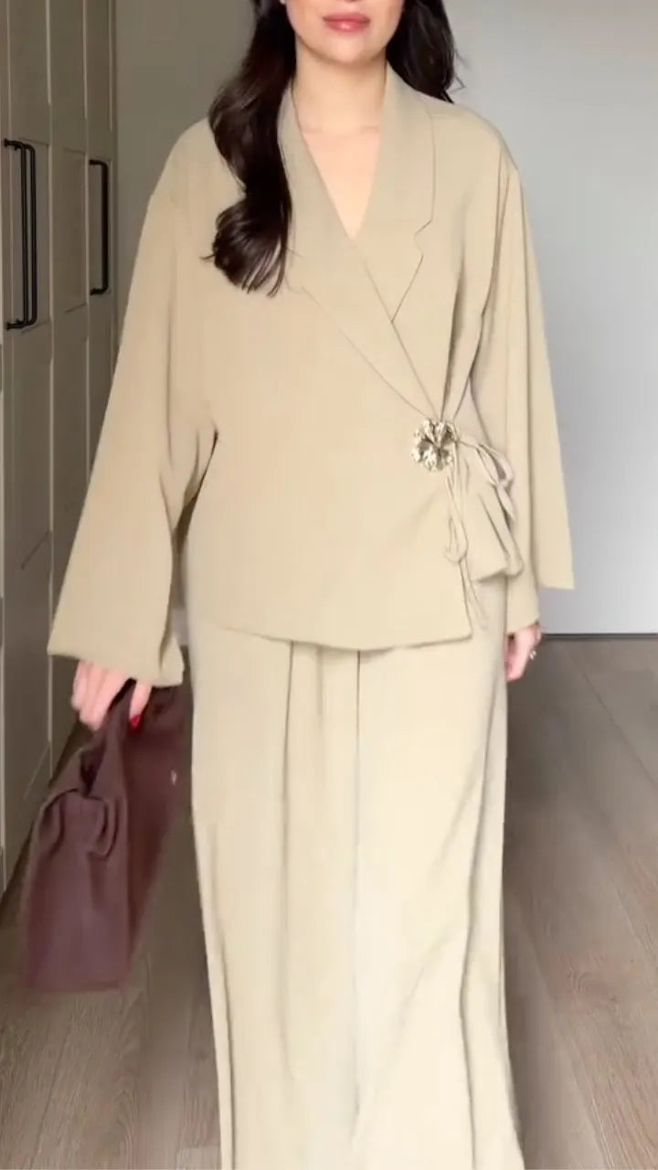 Wrap Blouse with Wide Leg Pants Set