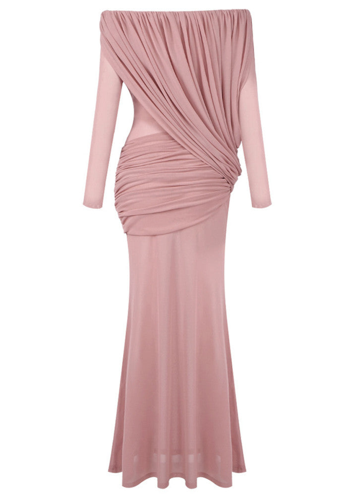 Long Sleeve Draped Bardot Maxi Dress Pink