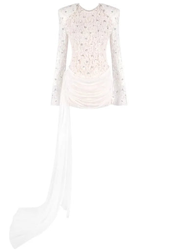 Long Sleeve Draped Sequin Lace Dress White