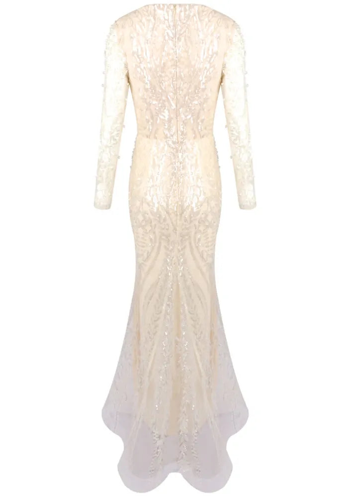 Long Sleeve Pearl Sequin Maxi Dress Ivory