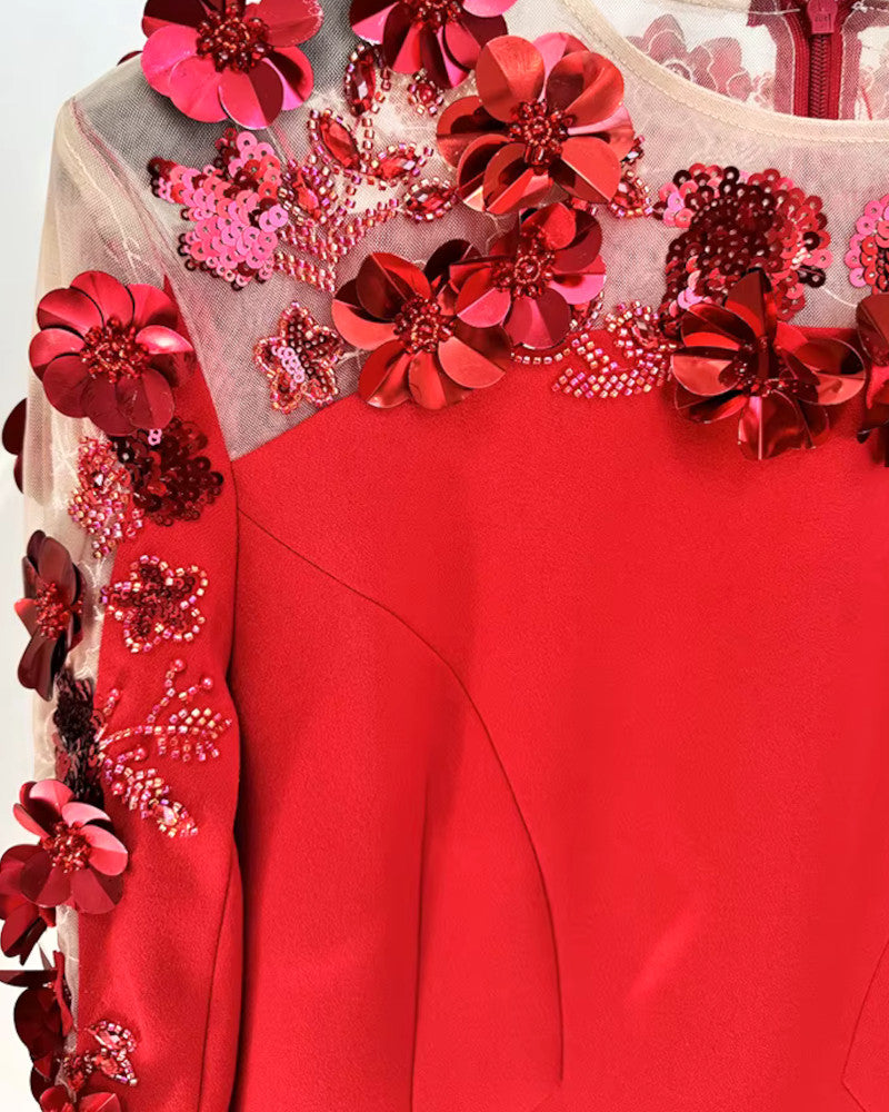 Long Sleeve Floral Sequin Mesh Maxi Dress Red