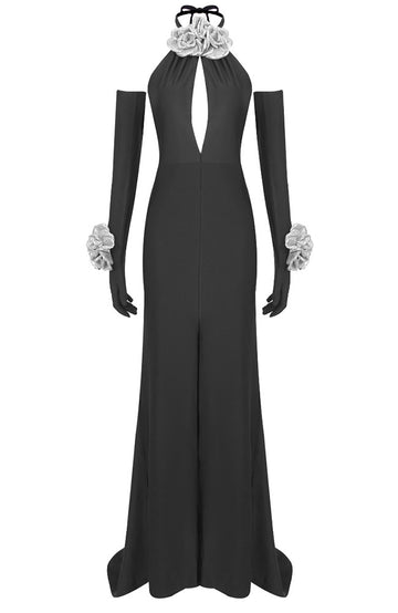 Halter Sparkly Floral Maxi Dress Black