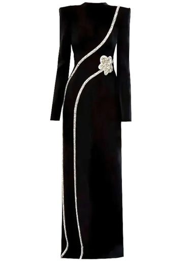 Long Sleeve Crystal Flower Maxi Dress Black