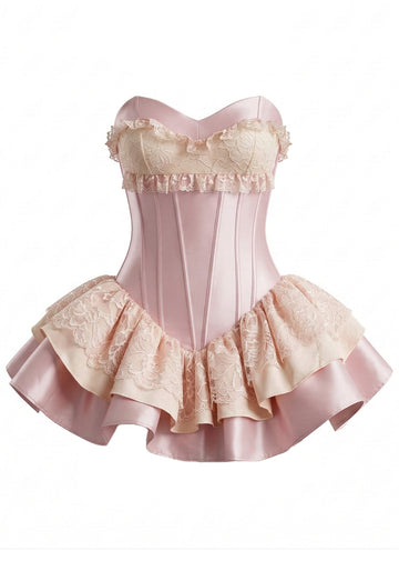 Strapless Lace Ruffle Corset Dress Pink