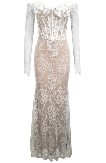 Long Sleeve Floral Bustier Lace Maxi Dress White Nude