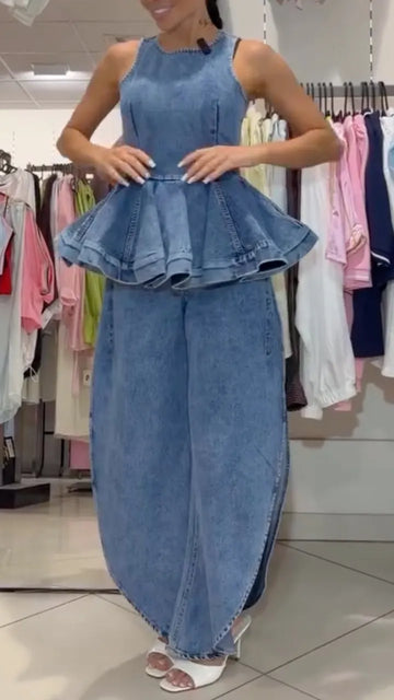 Women's Denim Two-Piece Set: Sleeveless Peplum Top & Slit Trousers