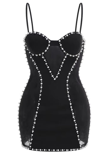 Pearl Mesh Insert Dress Black