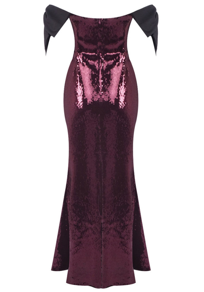 Bow Detail Bardot Sequin Maxi Dress Burgundy