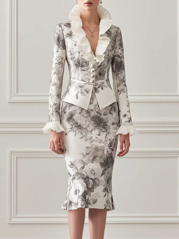 Ivory Grey Floral Print Pleated Ruffle Collar Tailored Blazer & Mermaid Midi Skirt Two-Piece Suit Set