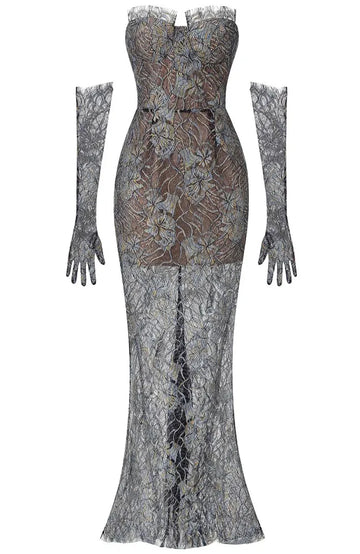 Strapless Corset Lace Maxi Dress Black Silver