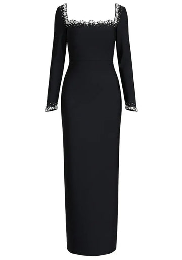 Long Sleeve Crystal Embellished Trim Maxi Dress Black