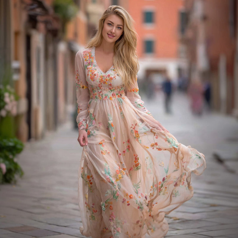 Women's Floral Art Print Linen V-neck Long Sleeve Dress