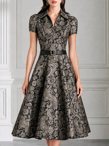 Collared Short Sleeve Paisley Jacquard Midi Dress